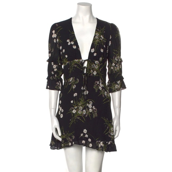 NWOT Reformation Lauralei Black Ruffled Puff Sleeve Veuve Floral Mini Dress 4 XS - Picture 10 of 13